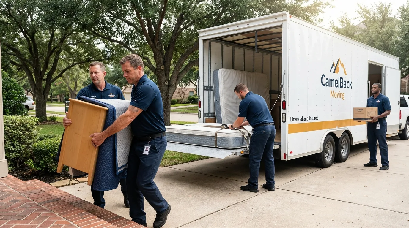 Crew loading residential truck for cross-state move from Atkins, IA