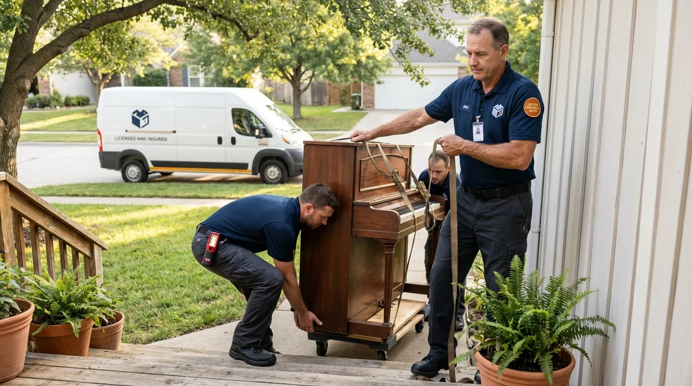 Licensed piano movers securing grand piano in Atkins, IA