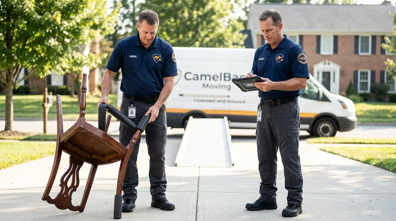 Movers inspecting furniture for damage prevention before loading in Atkins, IA