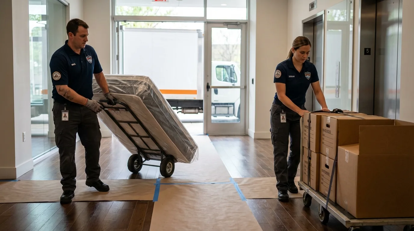 Professional apartment movers loading elevator in Atkins, IA