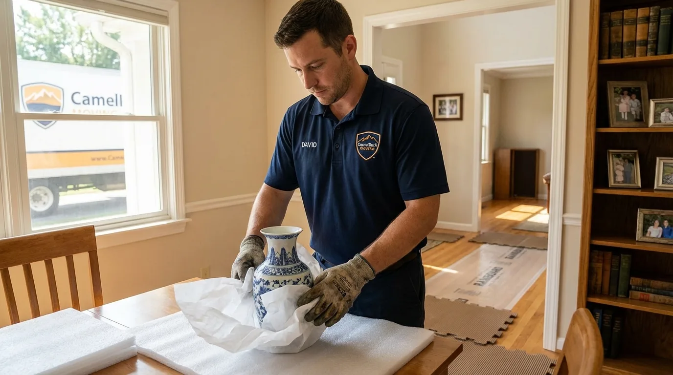 Professional crew carefully wrapping antique vase for senior downsizing move in Atkins, IA