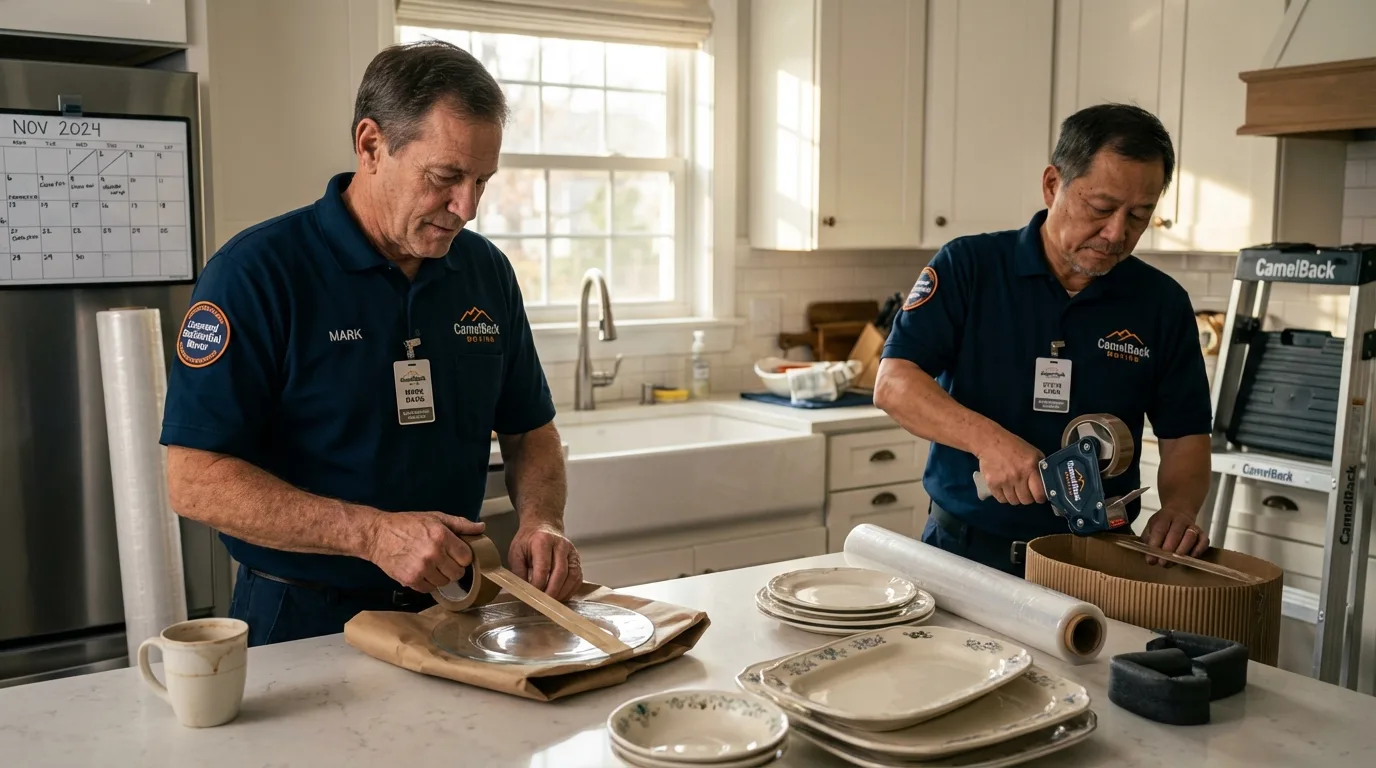 Professional crew packing kitchen dishware in Atkins, IA